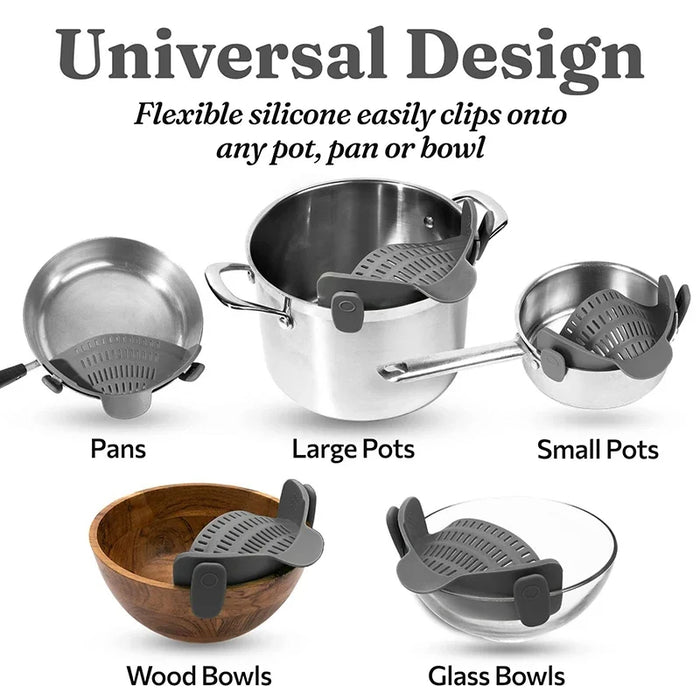 LMXA Steady-Drain Clip-On Pot Strainer – Ergonomic One-Handed Silicone Colander, Arthritis-Friendly Kitchen Strainer Guard for Pots, Pans, and Bowls