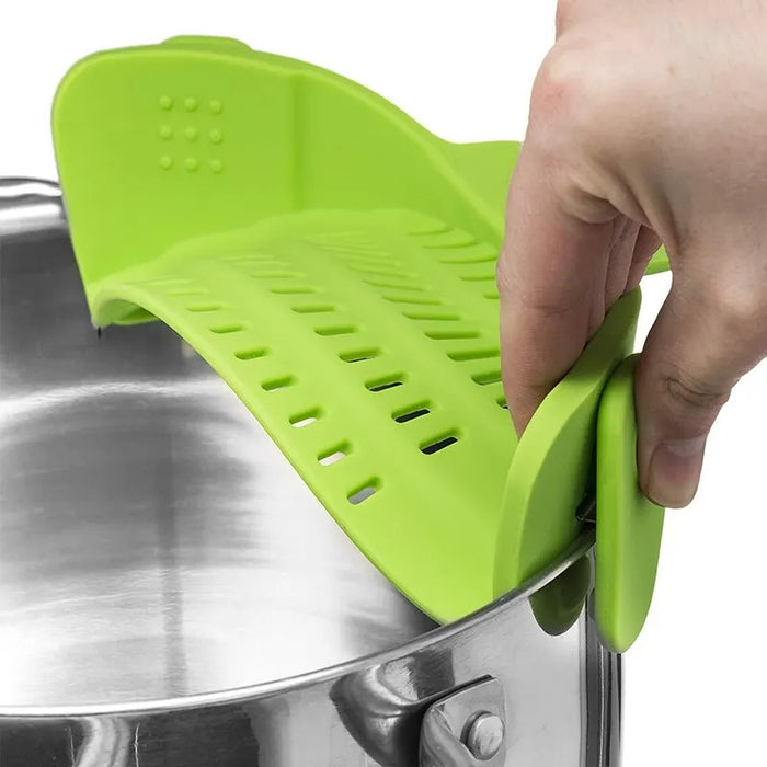 LMXA Steady-Drain Clip-On Pot Strainer – Ergonomic One-Handed Silicone Colander, Arthritis-Friendly Kitchen Strainer Guard for Pots, Pans, and Bowls