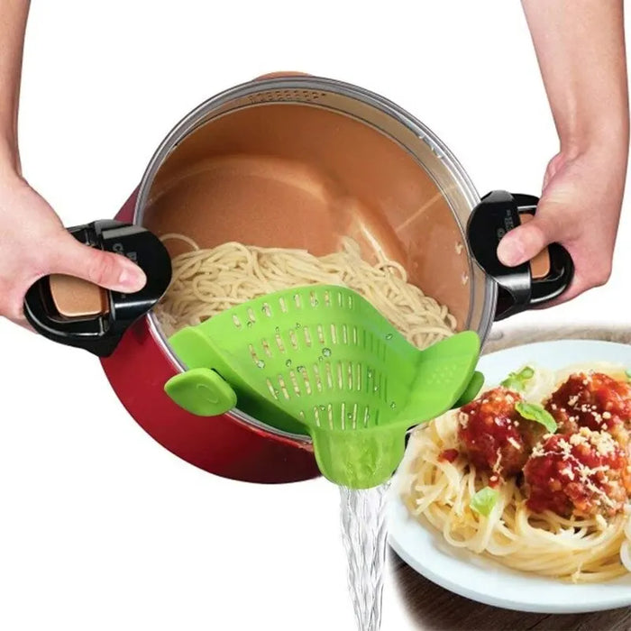 LMXA Steady-Drain Clip-On Pot Strainer – Ergonomic One-Handed Silicone Colander, Arthritis-Friendly Kitchen Strainer Guard for Pots, Pans, and Bowls