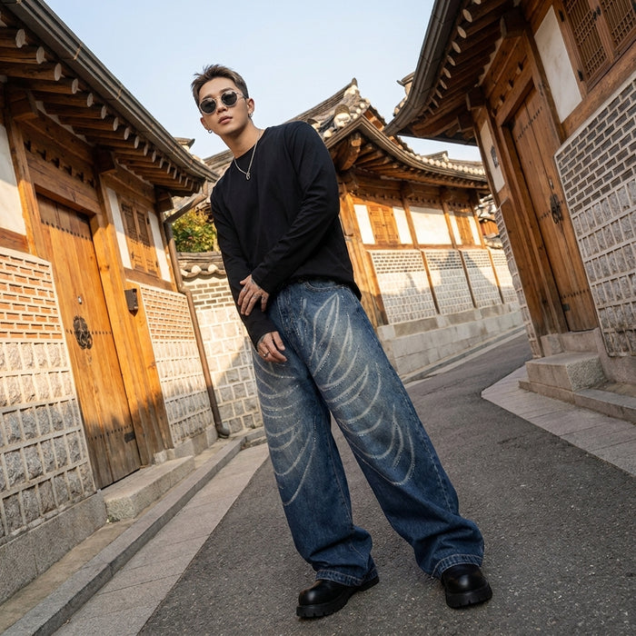 Jean ample bleu effet papillon - Koreanxwear