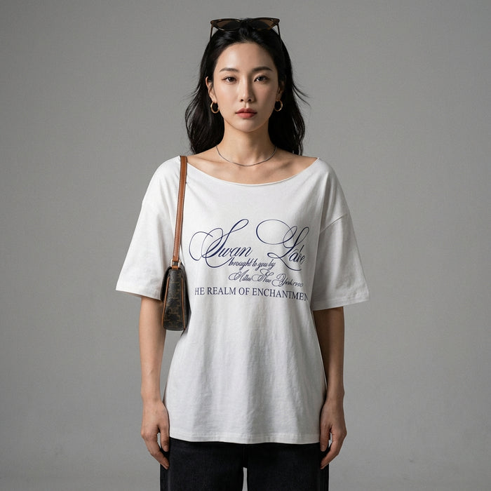 T-Shirt loose épaule dénudée imprimé mode streetwear - Koreanxwear - Taille S