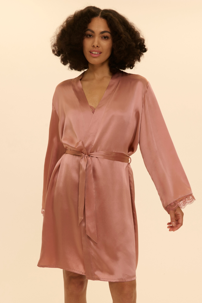 Womens Pink Silk Kimono with & Embroidery Trims - Simone Pérèle Love Me