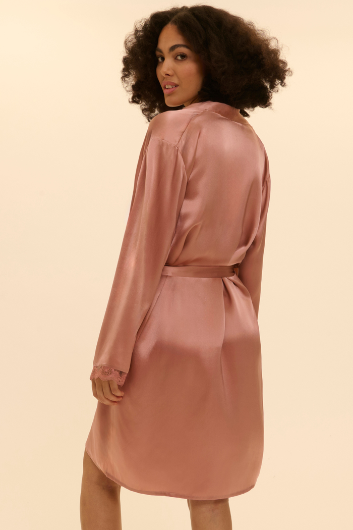 Womens Pink Silk Kimono with & Embroidery Trims - Simone Pérèle Love Me