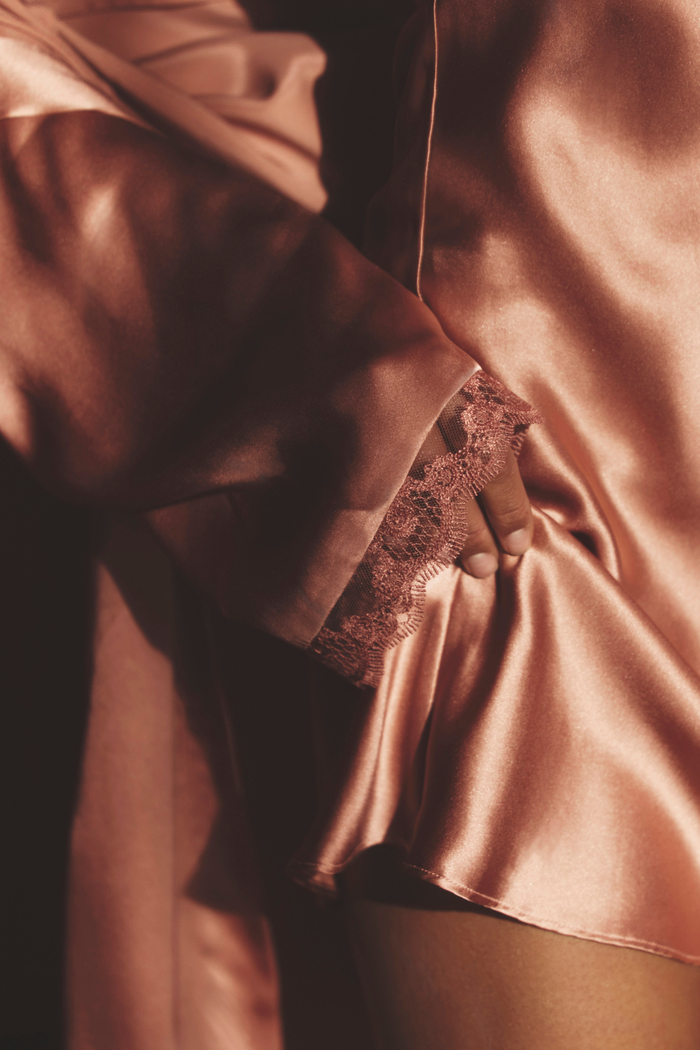Womens Pink Silk Kimono with & Embroidery Trims - Simone Pérèle Love Me