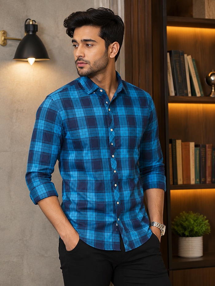 MEN'S BLUE AND BLACK CHECK CASUAL SHIRT