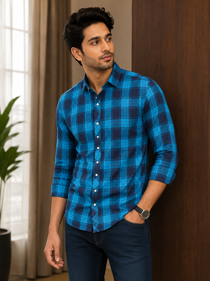MEN'S BLUE AND BLACK CHECK CASUAL SHIRT