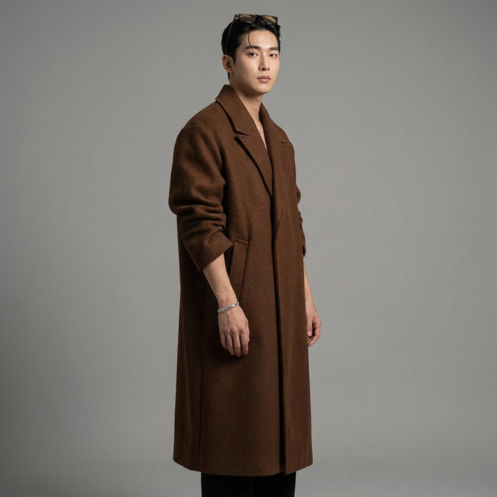 Manteau long minimaliste en laine et polyester, couleur marron ou noire. Vêtement d'hiver K-fashion. - Taille M