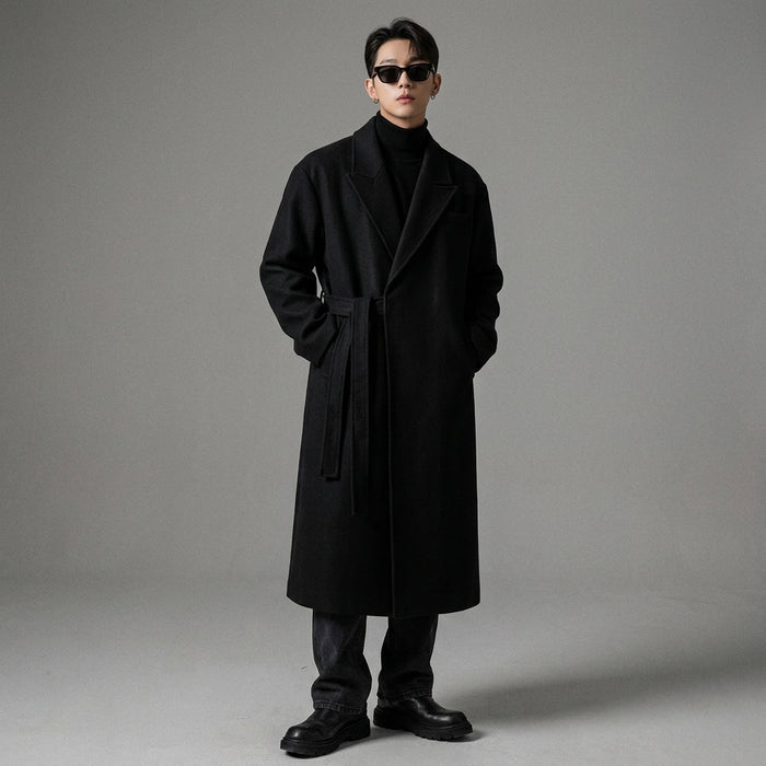 Manteau long minimaliste en laine et polyester, couleur marron ou noire. Vêtement d'hiver K-fashion. - Taille M