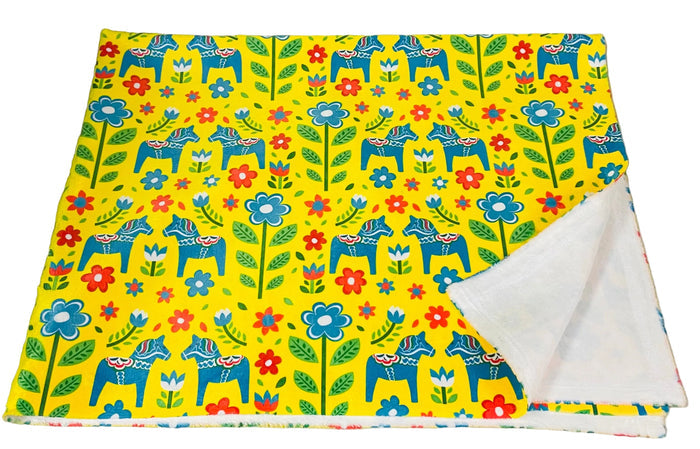 Minky Baby Blanket  30" x 40" - Blue Dala horses & Flowers
