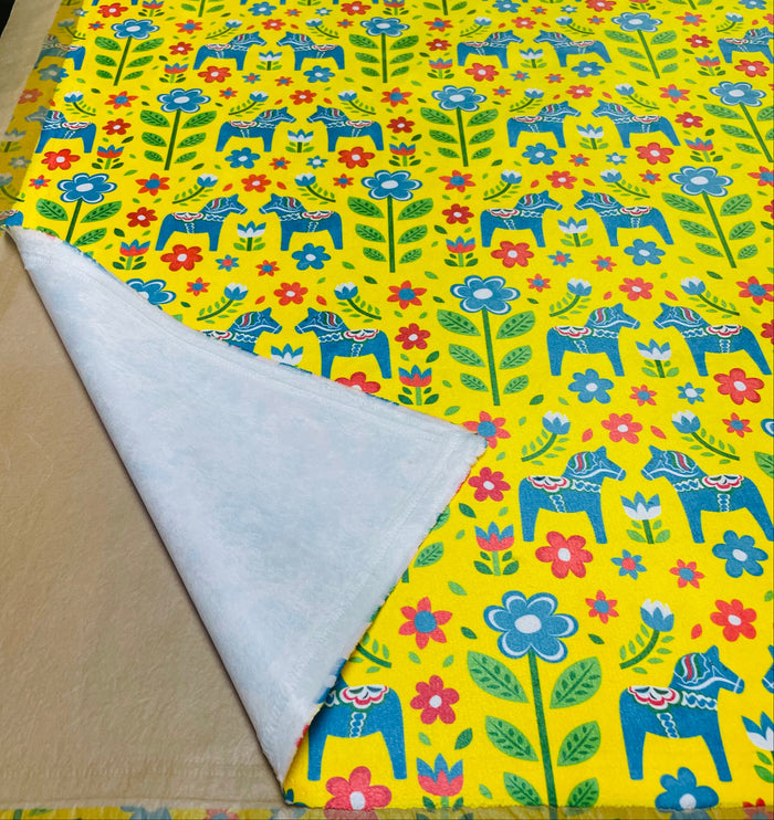 Minky Baby Blanket  30" x 40" - Blue Dala horses & Flowers