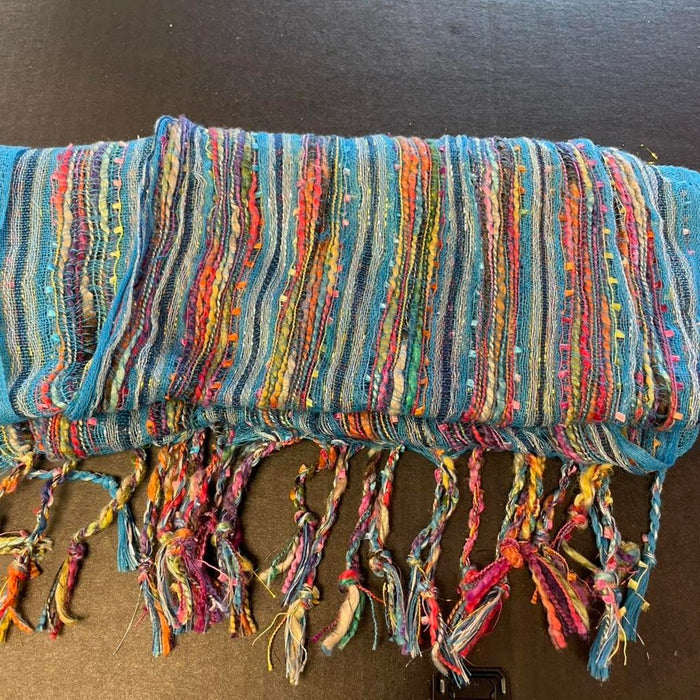 Multicoloured striped scarf with tassels