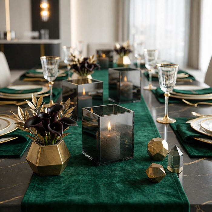Sophisticated dining setup with squared mirrored glass candle holders and gold decor