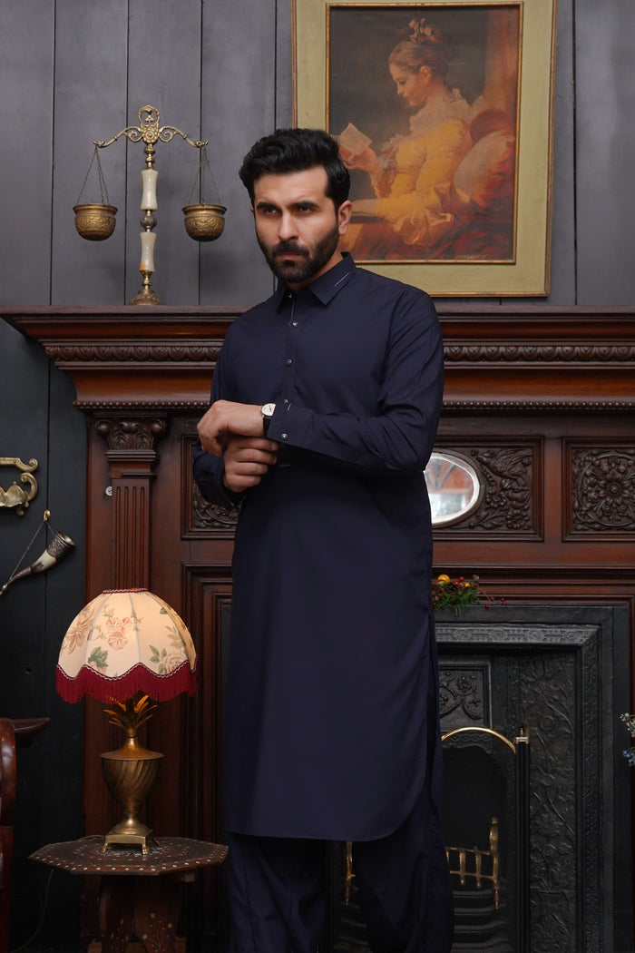 NAVY BLUE MEN'S WASH & WEAR SHALWAR KAMEEZ WITH COLLAR