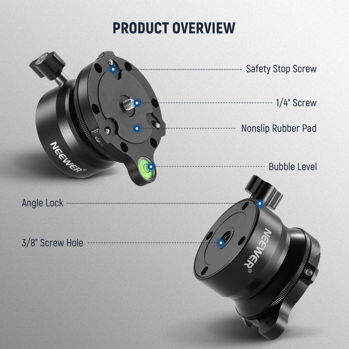 Product overview of the NEEWER GM15 Tripod Leveling Base (ø60mm) Camera Leveler