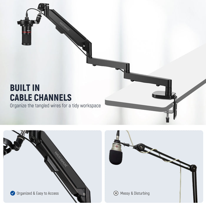 Built in with an internal cable channel that organize and conceal the tangled wires