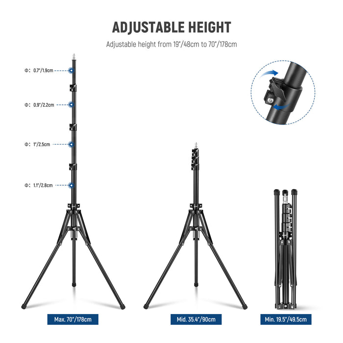 Height Adjustment Range of the NEEWER ST178R All Metal Foldable Light Stand