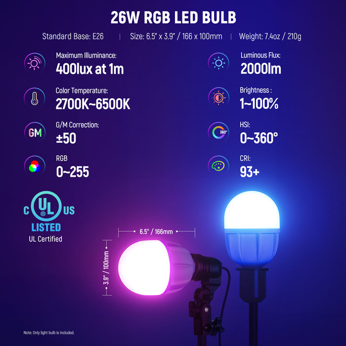 Specifications of the NEEWER T100C 24W RGB LED Light Bulb