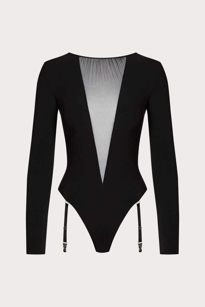 Scandale Nuit Fauve Long Sleeve Suspender Thong Bodysuit Black