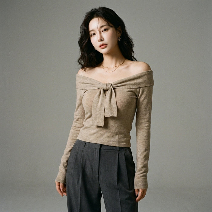 Top à épaules dénudées manches longues couleur Khaki - Mode Coréenne - Taille One Size