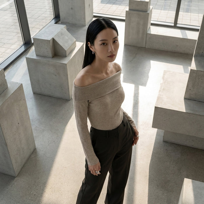 Top à épaules dénudées manches longues couleur Khaki - Mode Coréenne