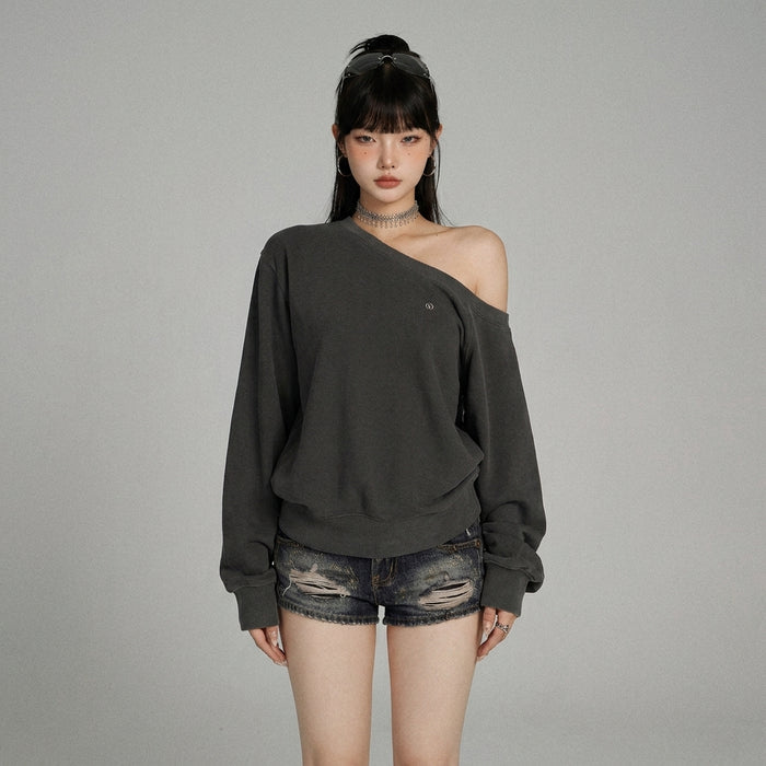 Sweatshirt femme épaule dénudée noir, style K-fashion décontracté - Taille S