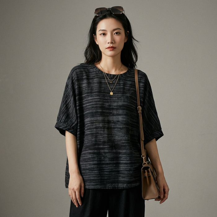 T-Shirt oversize noir manches chauve-souris et col rond - Koreanxwear - Taille One Size Fits All
