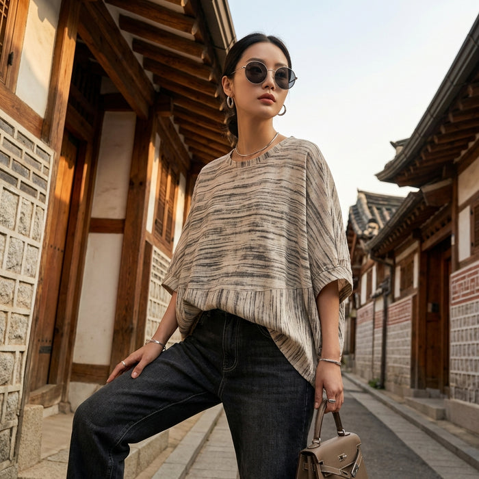 T-Shirt oversize noir manches chauve-souris et col rond - Koreanxwear
