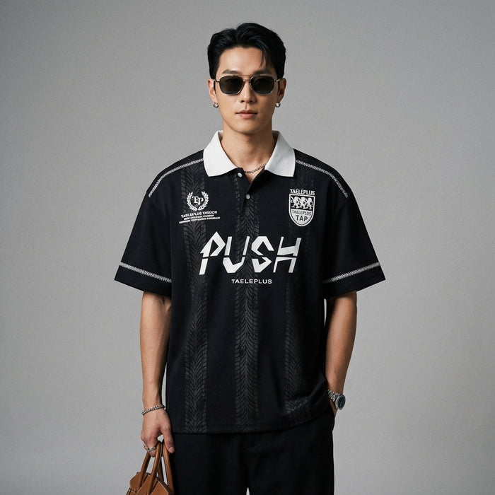 Polo oversize imprimé noir et blanc, style streetwear K-fashion - Taille M