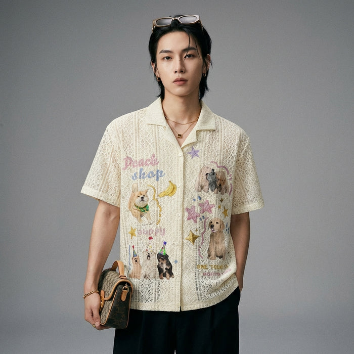 Chemise oversize beige imprimé chiot - Mode K-fashion streetwear - Taille S
