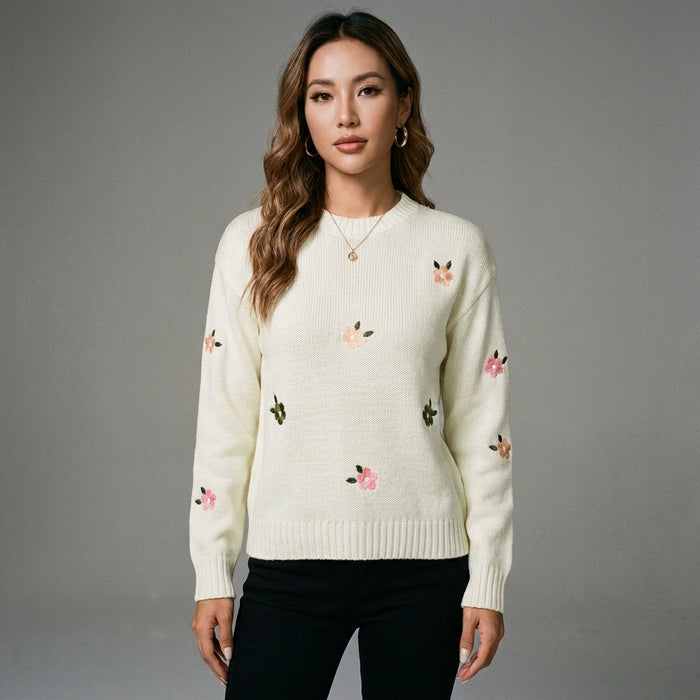 Pull col rond oversize blanc cassé en acrylique - Koreanxwear - Taille S