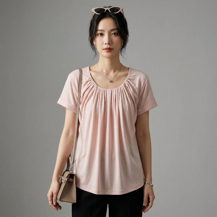 T-shirt oversize col U froissé en Tencel, couleur unie - Koreanxwear - Taille S