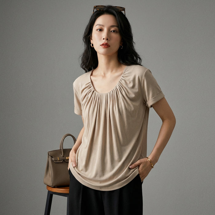 T-shirt oversize col U froissé en Tencel, couleur unie - Koreanxwear - Taille S