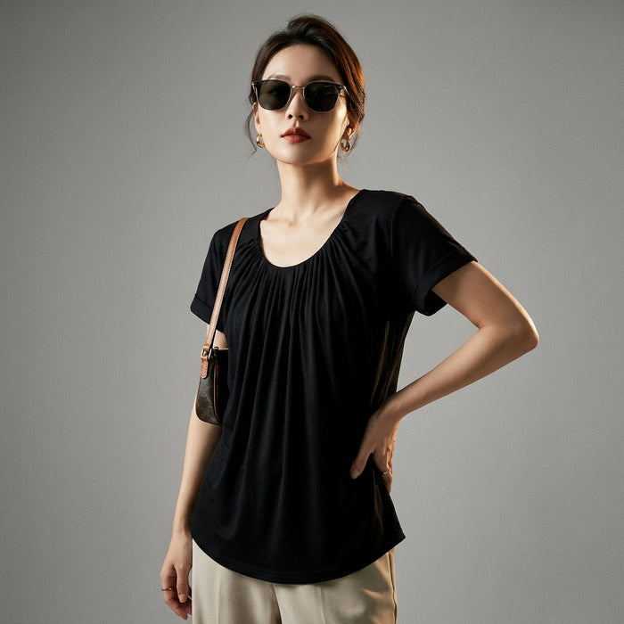 T-shirt oversize col U froissé en Tencel, couleur unie - Koreanxwear - Taille S