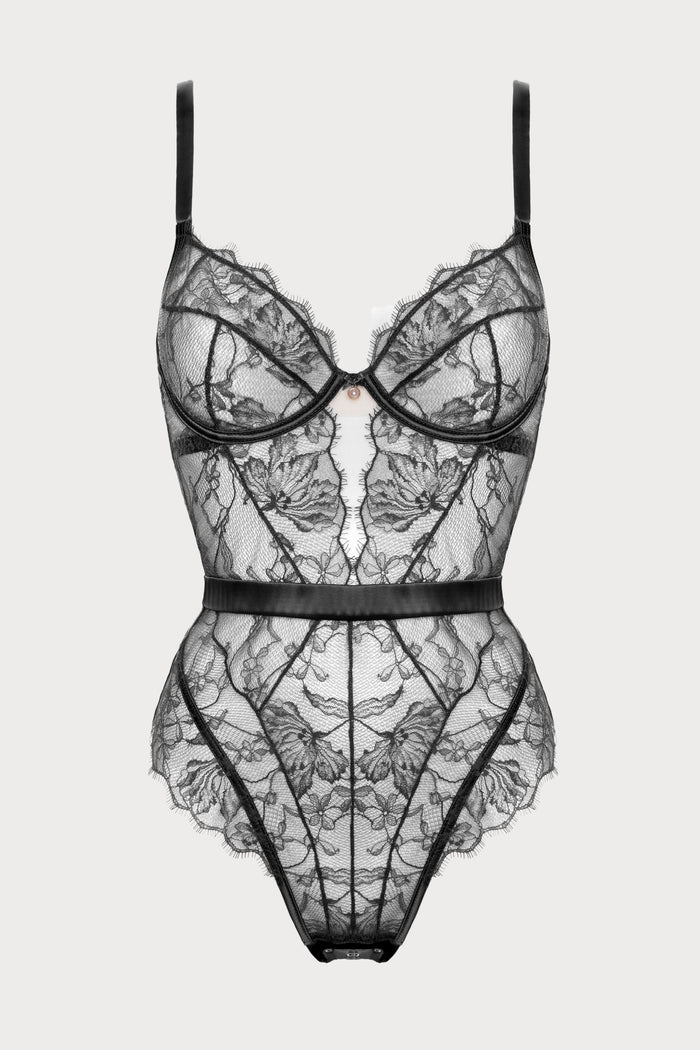 Prelude Pearl Black Lace & Satin Brazilian Bodysuit