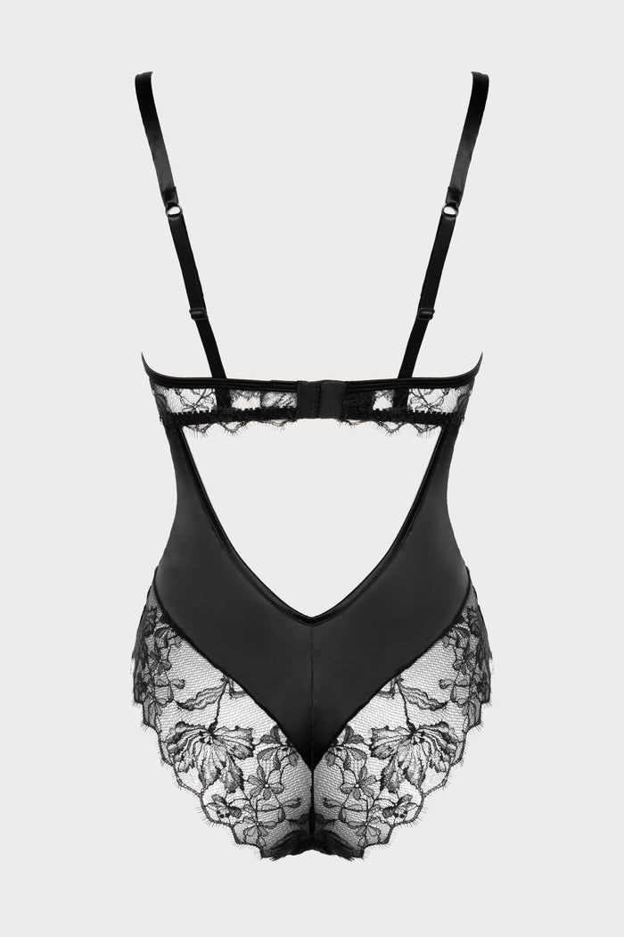 Prelude Pearl Black Lace & Satin Brazilian Bodysuit