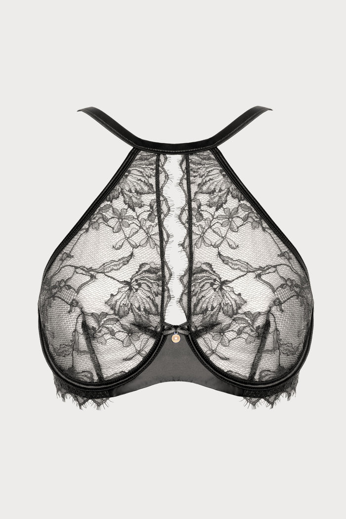 Prelude Pearl Black Lace & Satin High Neck Bra