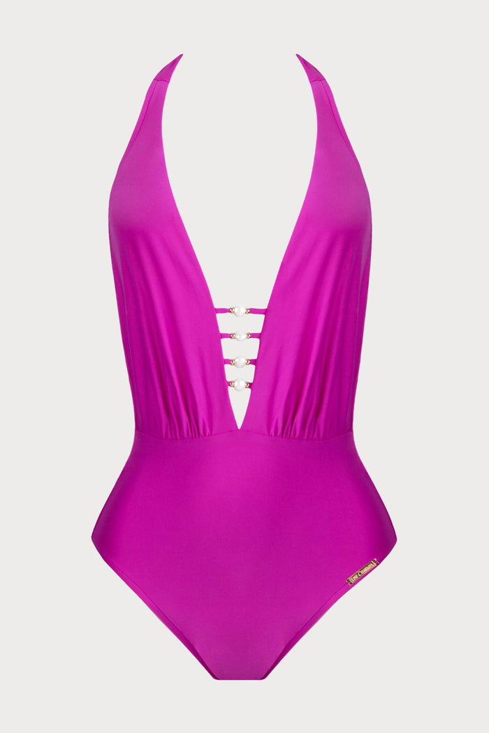 Lise Charmel Perles Nacrées Halter Swimsuit Fuchsia, Size L (UK 14) - Naughty Knickers