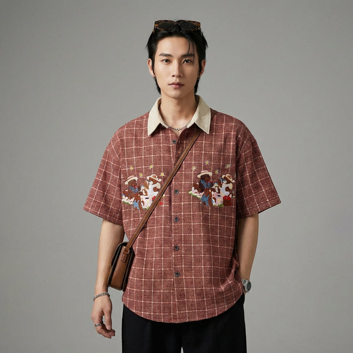Chemise à carreaux rouge brodée ours - K-fashion unisexe - Taille M