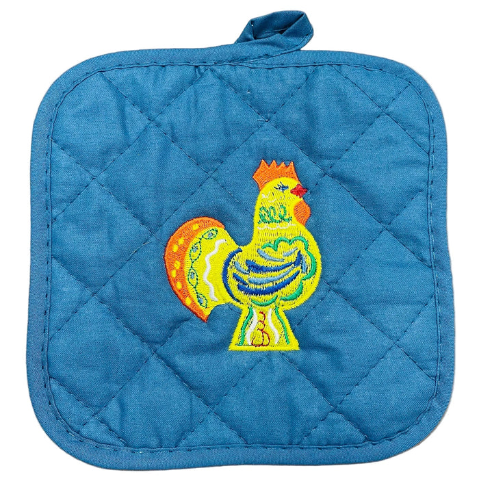 Pot holder - Swedish Dala rooster on denim blue