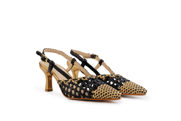 Prague Ebony-Gold Leather Slingback