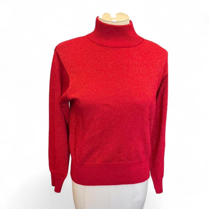 Red turtleneck sweater with metallic