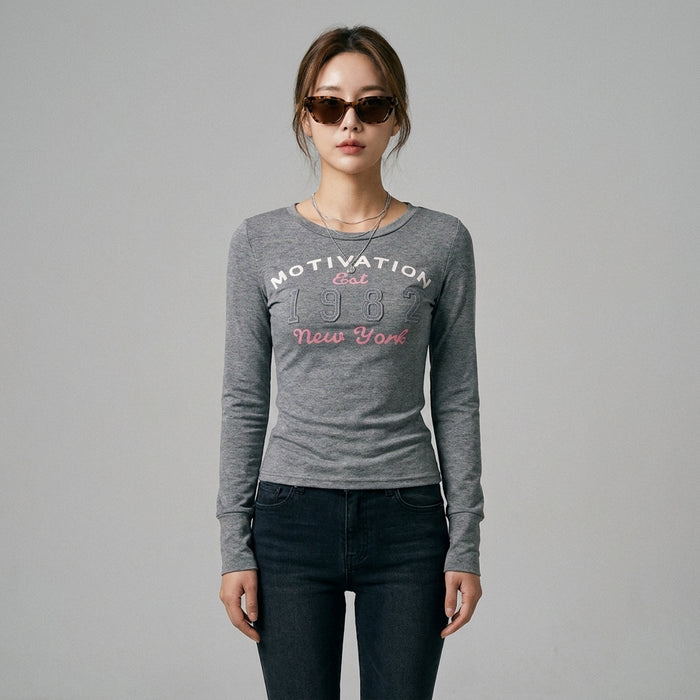 Haut gris imprimé lettres rétro manches longues - Koreanxwear - Taille S