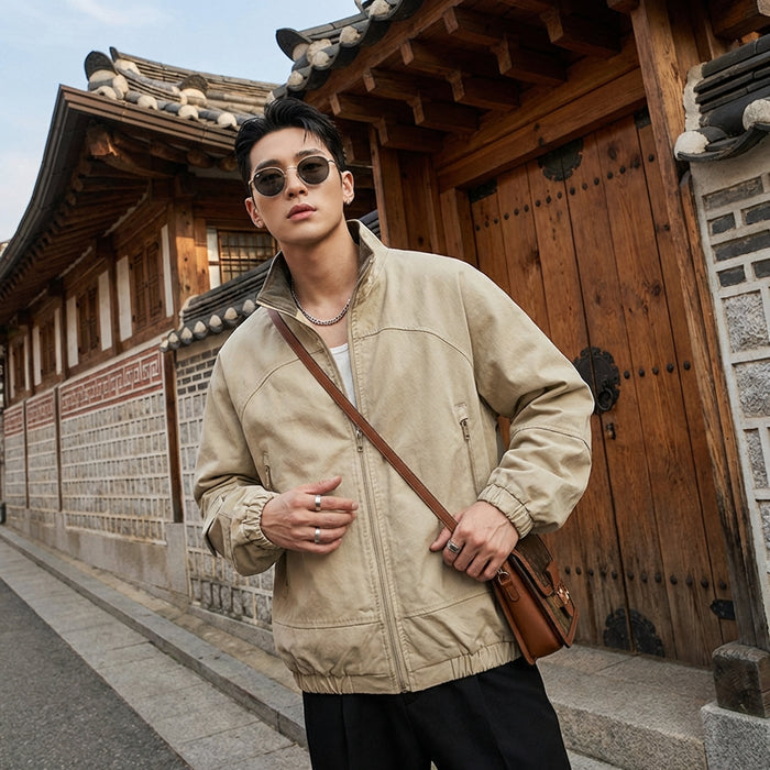 Veste homme col montant rétro beige - Koreanxwear