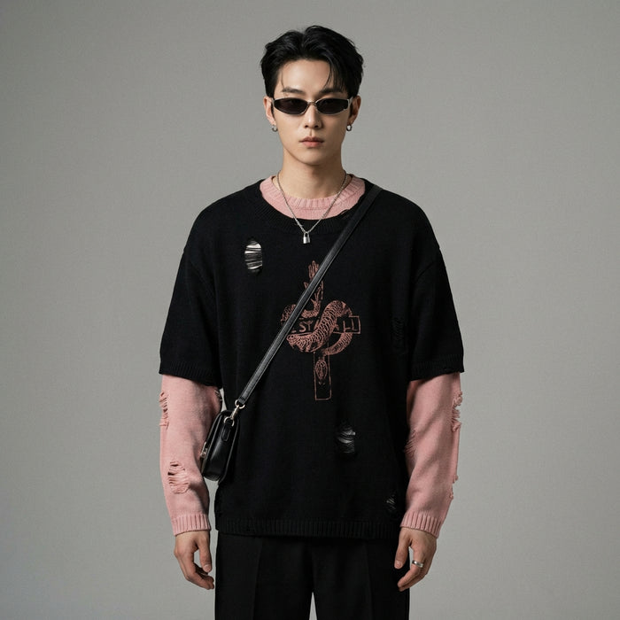 Pull oversize noir déchiré style streetwear coréen pour homme et femme - Taille M