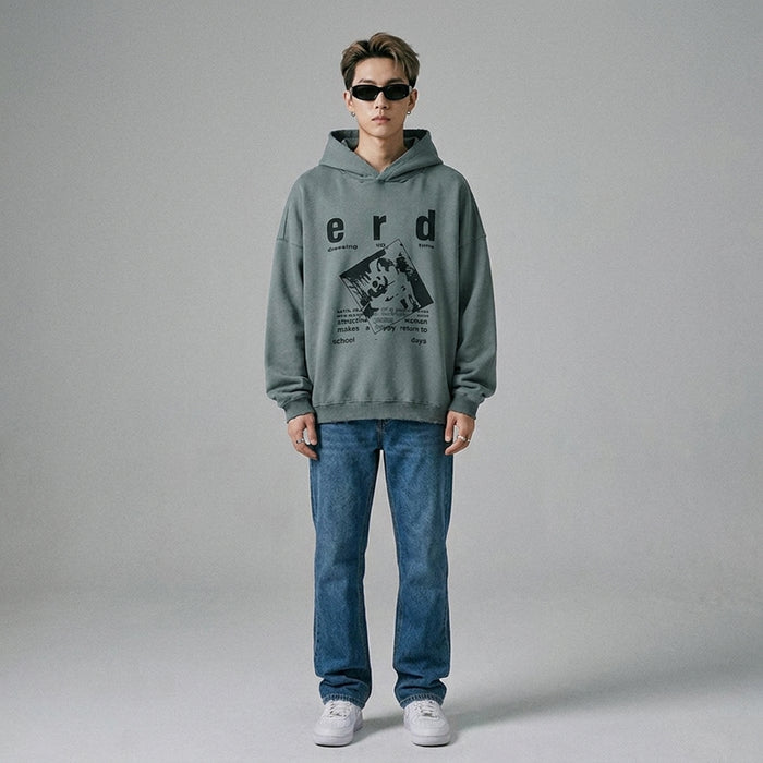 Sweat à capuche imprimé rétro gris vert pour homme - Koreanxwear - Taille M