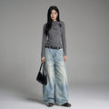Jean denim coupe large délavé bleu femme - Koreanxwear - Taille XS