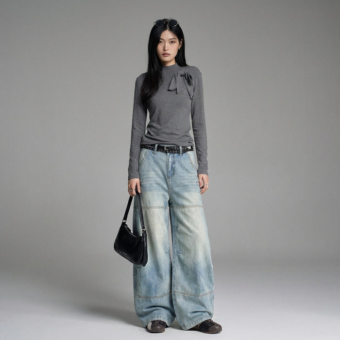 Jean denim coupe large délavé bleu femme - Koreanxwear - Taille XS