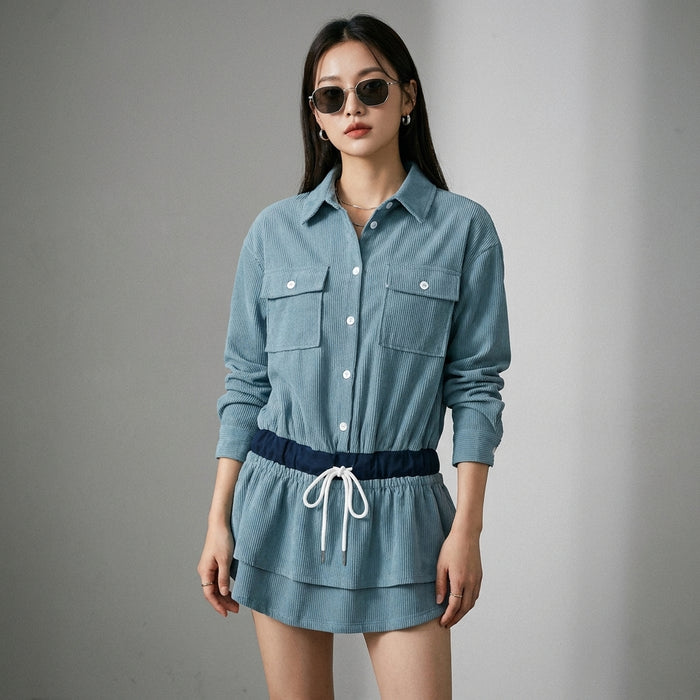 Robe courte côtelée bleue col polo manches longues - Koreanxwear - Taille S