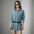 Robe courte côtelée bleue col polo manches longues - Koreanxwear - Taille S