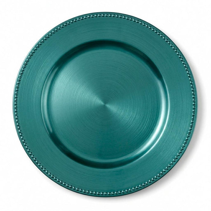 Aqua Blue Charger plate with a beaded rim on a white background